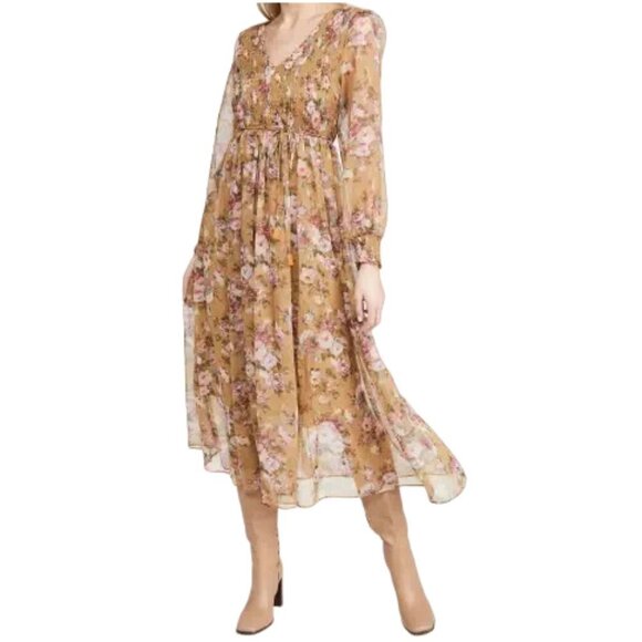 Anthro O.p.t.‎ Wick Smocked Floral Midi Dress Gold XS - Picture 1 of 12